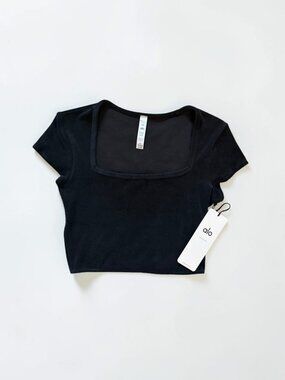 NWT Alo Yoga Terry Beachside Short Sleeve Crop Top Black XS Square Neck
